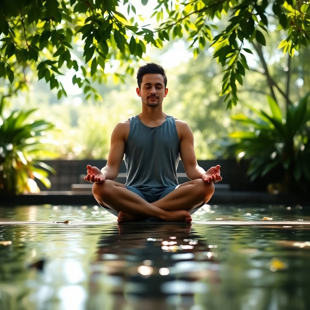 A calming, photorealistic image of a person practicing mindfulness meditation in a serene outdoor environment. Surrounded by lush greenery and tranquil water, the individual sits cross-legged, with a peaceful expression. Soft sunlight filters through the leaves, creating a dappled light effect. The background includes a gentle water feature, enhancing the sense of calm. The camera captures the subject in a close-up, emphasizing their serene demeanor.