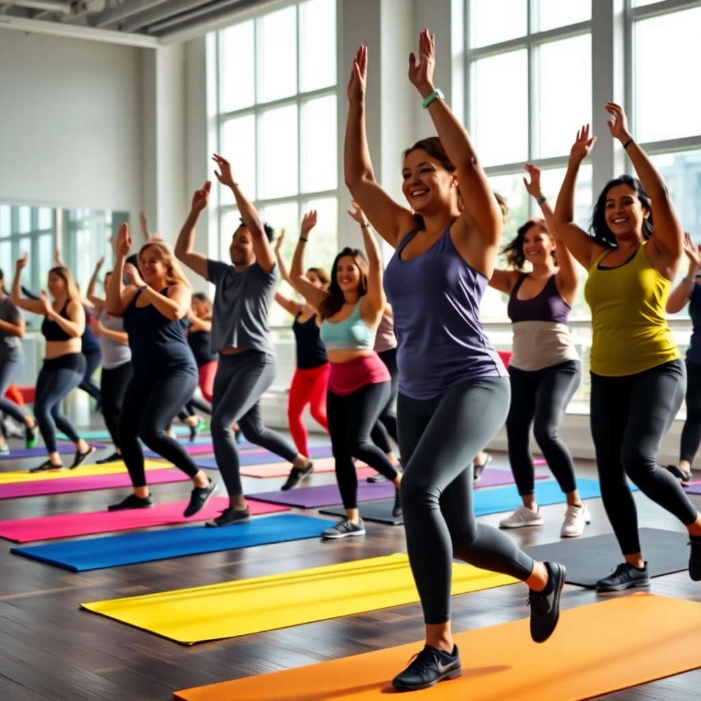 A dynamic, photorealistic image of a diverse group of people enjoying a fitness class in a bright, modern gym. The composition showcases energy and enthusiasm, with individuals performing exercises enthusiastically. The gym is well-lit, using large windows allowing natural light to stream in. Colorful exercise mats and equipment add liveliness to the scene. The camera angle is slightly elevated to capture the group's collective energy and enjoyment.