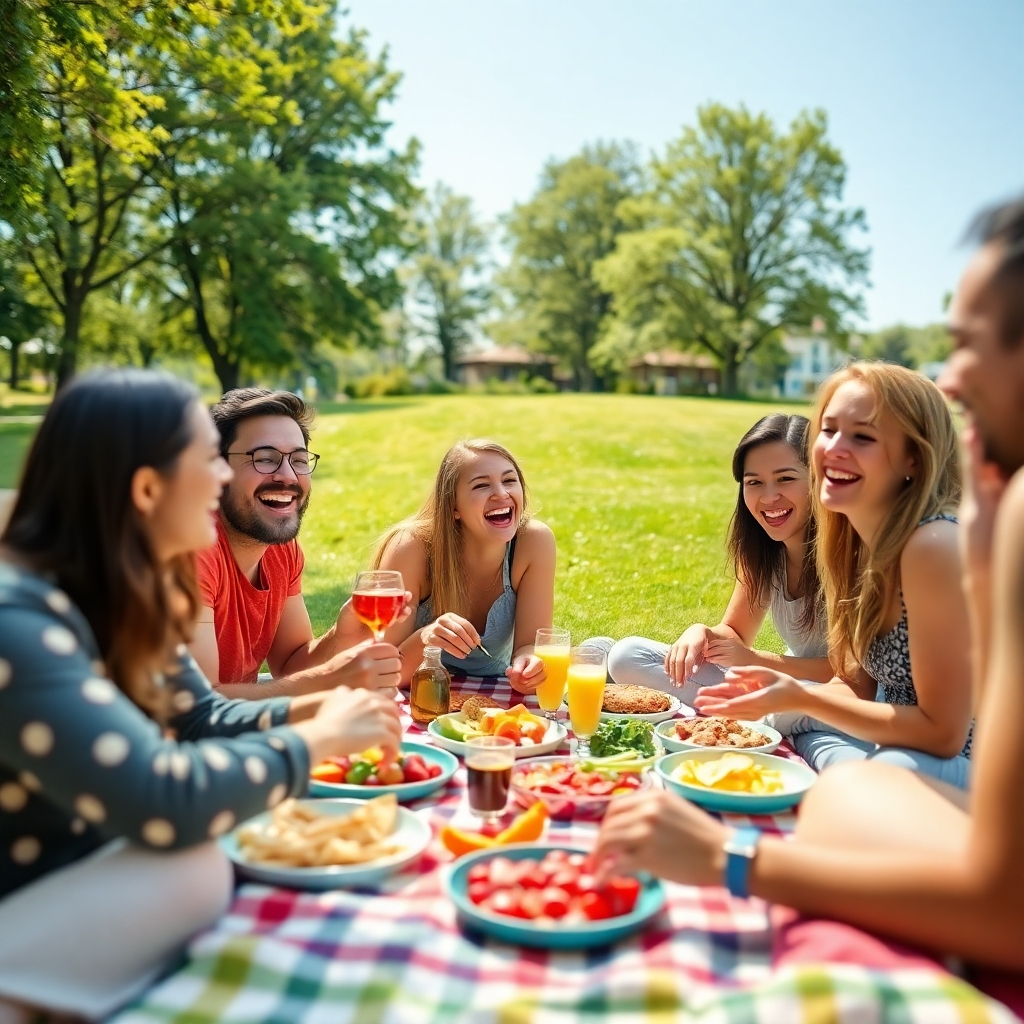 A joyful, photorealistic image of a group of friends sharing a meal at an outdoor picnic. The setting is vibrant and cheerful, with a lush green park and the sun shining brightly. The composition captures laughter and conversation, with colorful food laid out on a picnic blanket. The camera angle is at eye-level, showcasing the candid interactions among the friends, emphasizing connection and happiness.