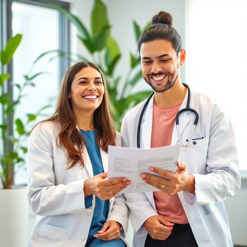 A photorealistic image depicting a friendly healthcare professional discussing health results with a patient in a bright, modern clinic. The setting is clean and well-lit, with plants in the background providing a soothing atmosphere. The healthcare professional's warm smile and engaging demeanor evoke trust. The camera captures both the professional and the patient, emphasizing the importance of open communication in health.