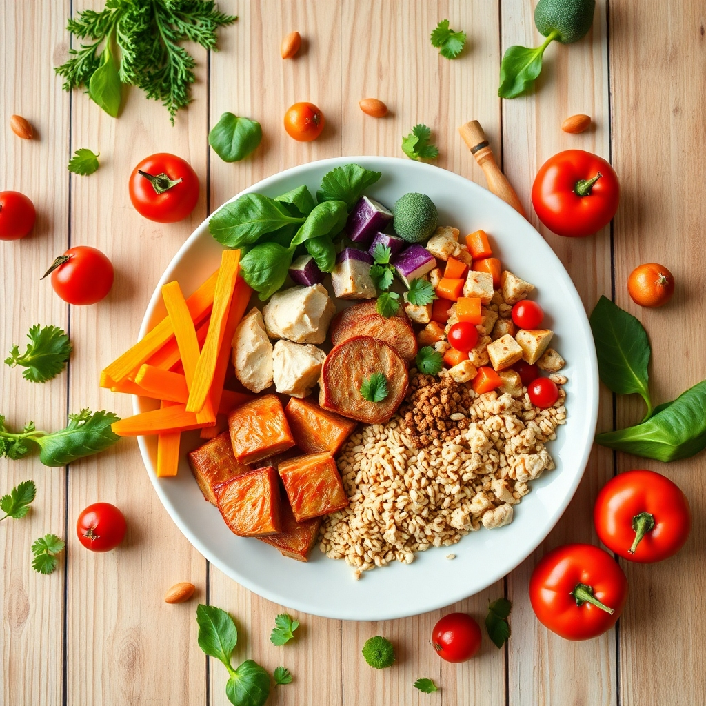 A photorealistic image illustrating a well-balanced plate featuring proteins, whole grains, and a variety of colorful vegetables. The plate is centered on a vibrant dining table set with natural wood textures. Various healthy ingredients are scattered around, creating a dynamic and eye-catching composition. Soft natural lighting enhances the freshness of the food. The camera angle is slightly overhead to emphasize the nutritious meal.