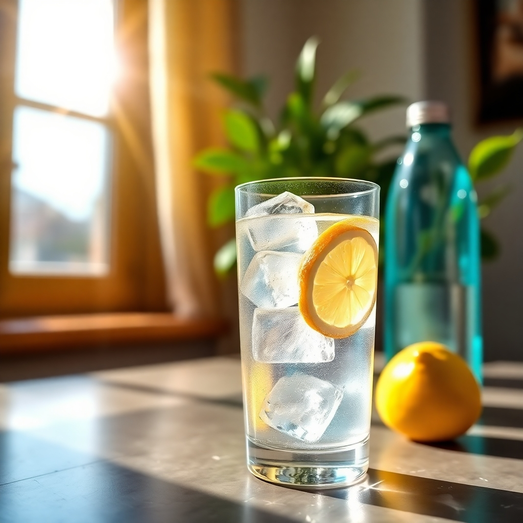 A refreshing, photorealistic image of a clear glass of water with ice cubes and fresh lemon slices, placed on a table near a sunny window. The sunlight refracts through the glass, creating playful reflections. In the background, a stylish water bottle and a green plant offer an inviting touch. The camera angle is close to capture the clarity of the water, promoting the theme of hydration and refreshment.