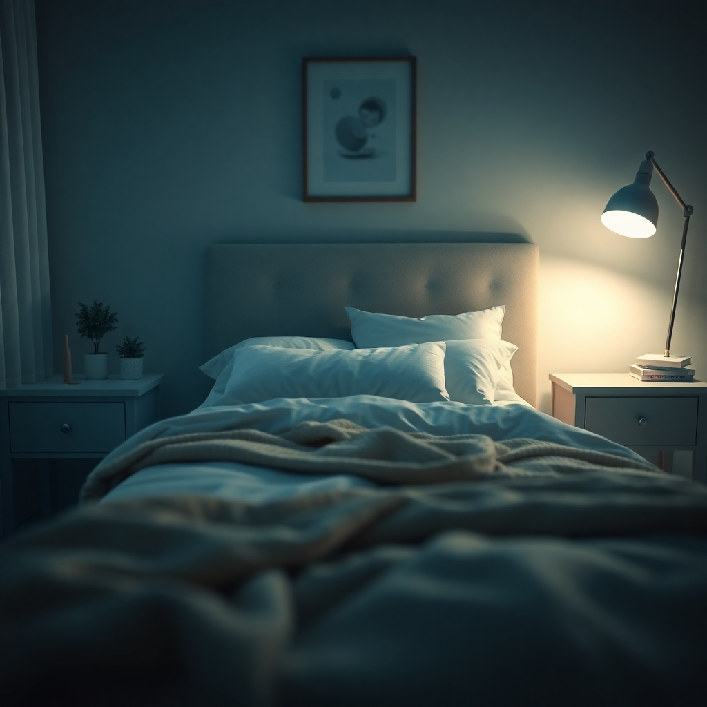 A serene, photorealistic image of a cozy bedroom at night with soft lighting and calming decor. The focus is on a neatly made bed, embellished with soft pillows and a warm blanket. A nightstand beside the bed holds a small plant and a book, enhancing the relaxing atmosphere. The color palette is muted, with soothing blues and whites. The camera angle is positioned at the foot of the bed, inviting viewers to imagine a peaceful rest. The setting conveys tranquility and comfort.