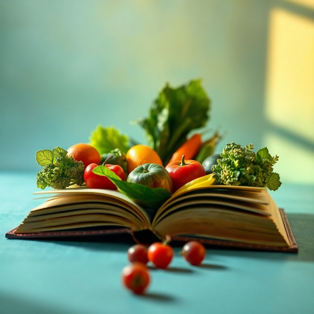 A stylized image encapsulating the essence of wellness and health improvement. Central to the composition is an open book with vibrant fruits and vegetables emerging from its pages, symbolizing knowledge and growth. The backdrop is a soft gradient of blues and greens, evoking freshness and tranquility. Warm, natural light highlights the textures of the fresh produce, making them appear inviting and appetizing. The camera focuses closely on the book, with a slight depth of field, creating a dreamy effect. The overall ambiance should inspire hope and positivity. Technical specifications are 4K resolution and high quality.