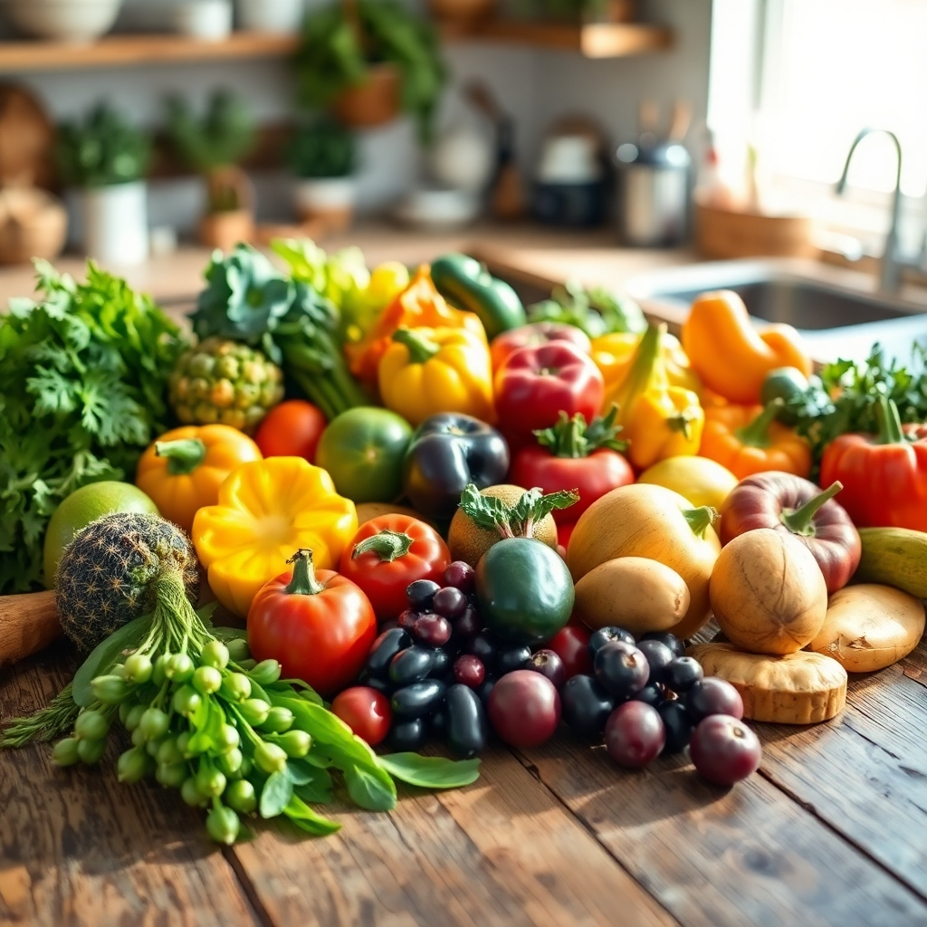 A vibrant, photorealistic image showcasing a variety of fresh fruits and vegetables arranged artfully on a rustic wooden table. The composition highlights the colors and textures of each item, with sunlight casting gentle shadows. The camera angle is slightly overhead to capture the abundance. The backdrop should be a soft, blurred kitchen setting to create a homely feel. The atmosphere evokes a sense of freshness, health, and vitality.