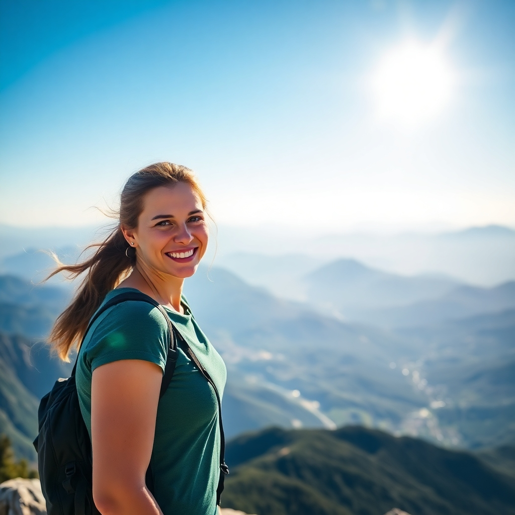 A vibrant, photorealistic image capturing a woman smiling confidently while standing on a mountain peak. The background showcases a breathtaking view of the mountains and valleys below, under a clear blue sky. The sunlight illuminates her face, radiating positivity and strength. The camera is positioned to highlight her expression and the panoramic landscape, emphasizing the triumph of a positive outlook.